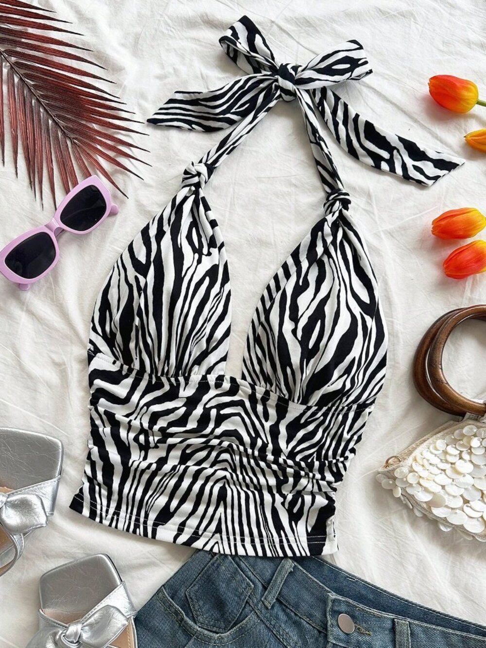 Multicolor Sexy Women's Zebra Print V-Neck Halter Camisole Knotted Bow - Picture 5 of 6